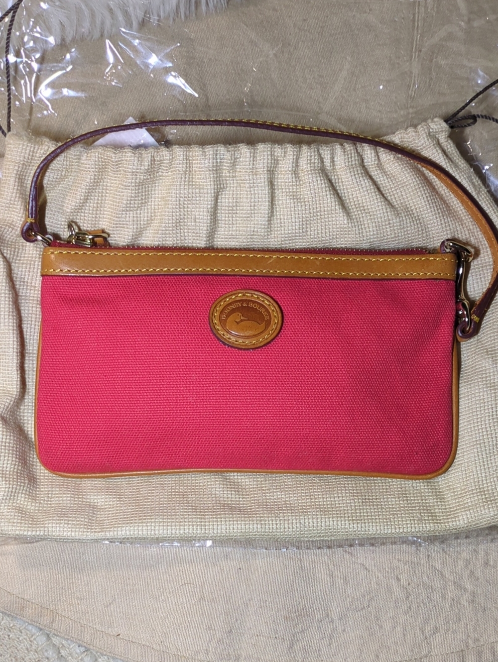 Dooney & Bourke Vintage Hot Pink Canvas Wristlet W/Tan Leather Logo NOW ONLY $40
